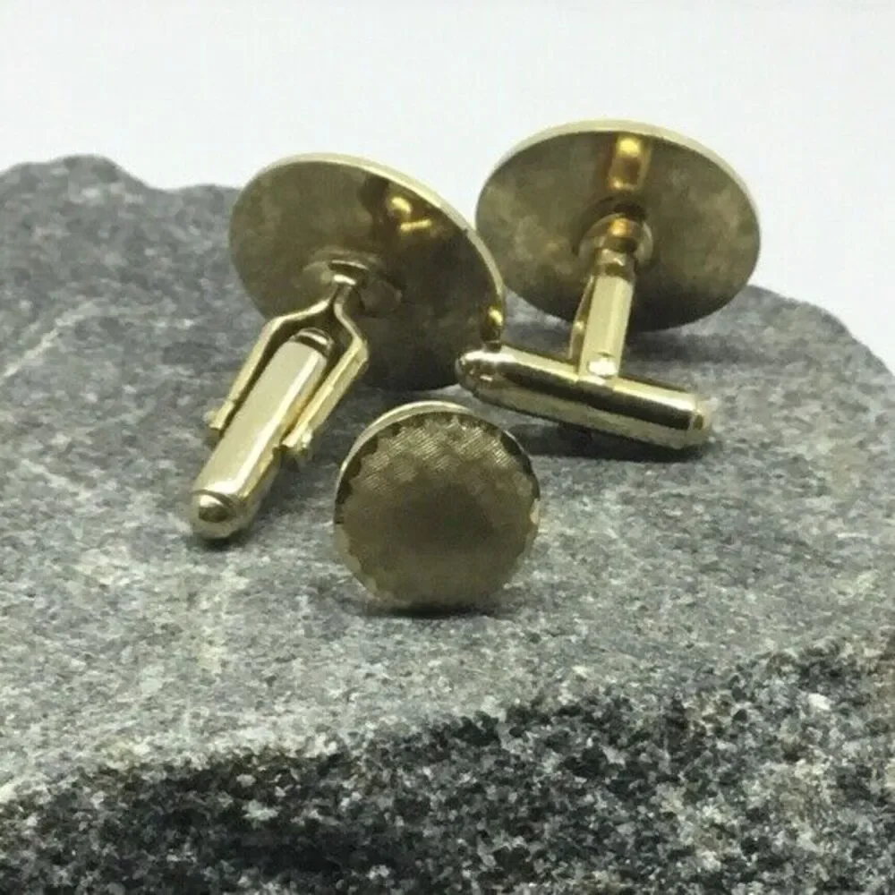Vintage Cufflinks‎ and Tie Tack Set Men’s MCM Geometric Round Gold Tone